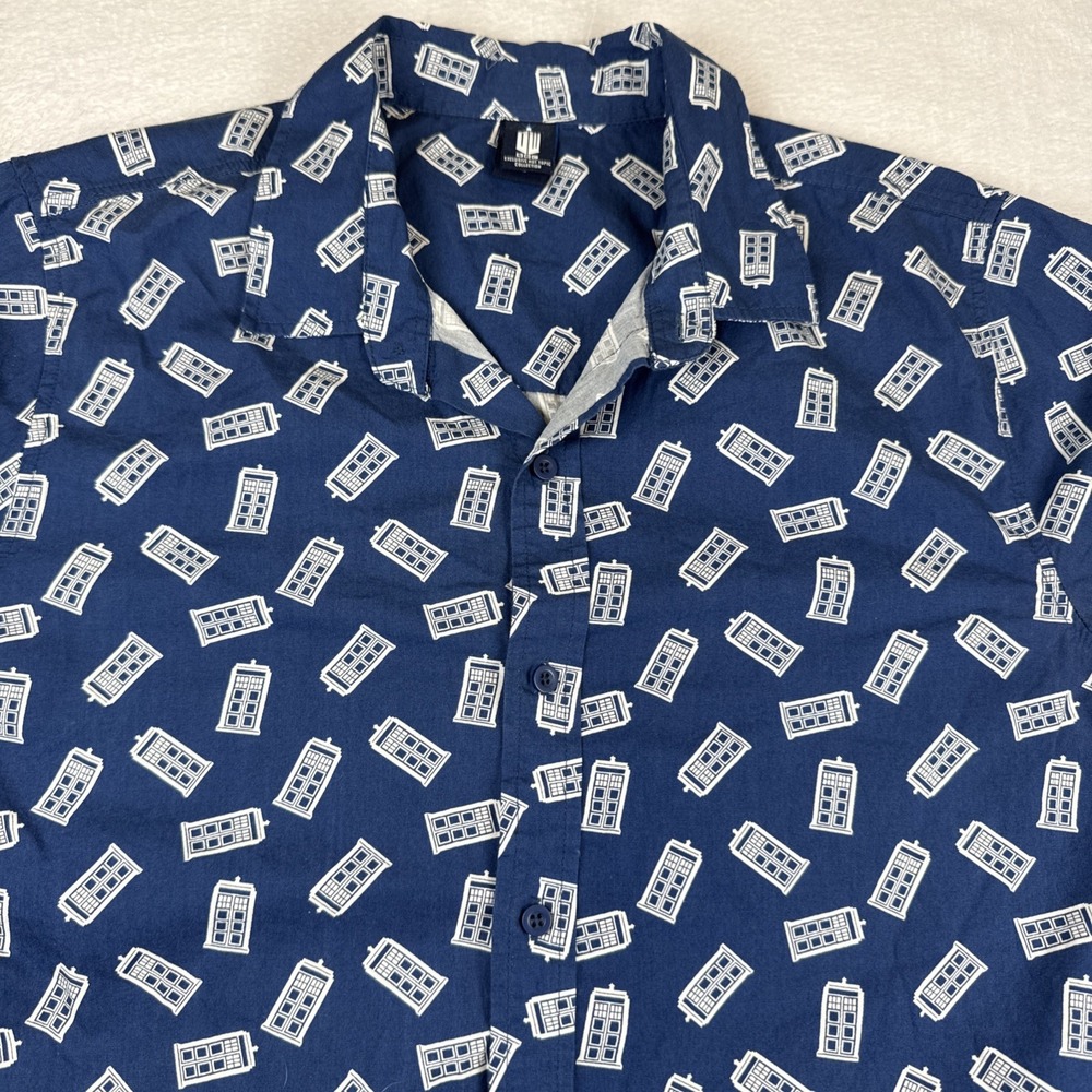 Hot Topic Doctor Who TARDIS Graphic Button-Up Shirt Men's M Blue/White Cotton